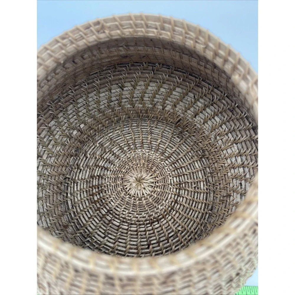 Vintage Hand Woven Natural Grass Basket Bulbous Round Handle Tan Boho Decor